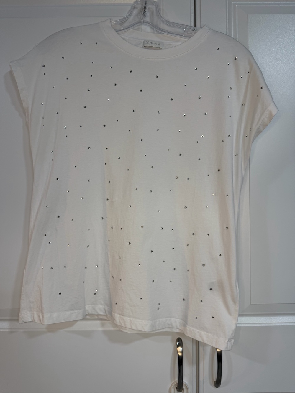 NetWork White Rhinestone & Stud Embellished Cap-Sleeve Tee